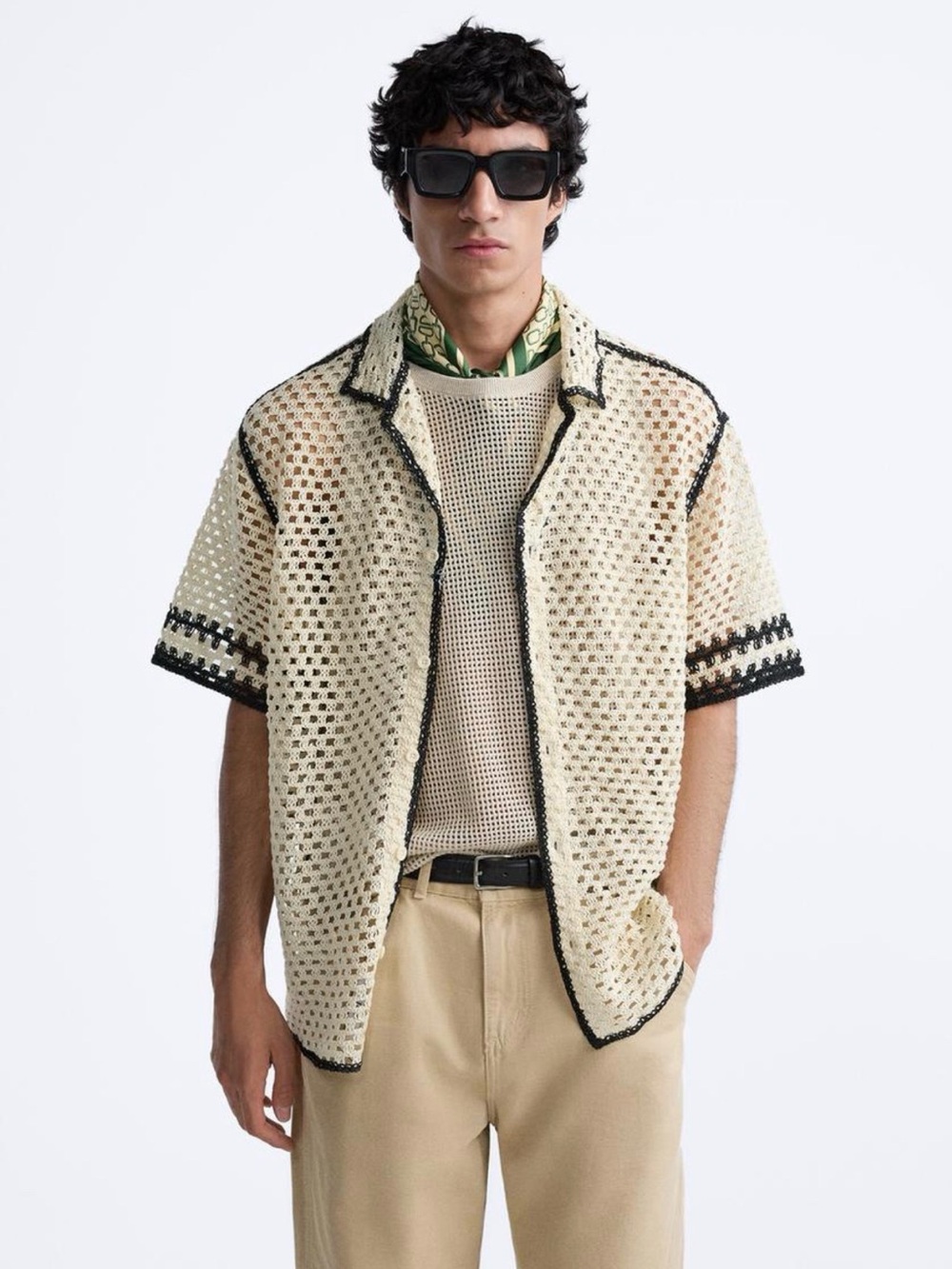 Zara Cream Crochet Top with Black Trim